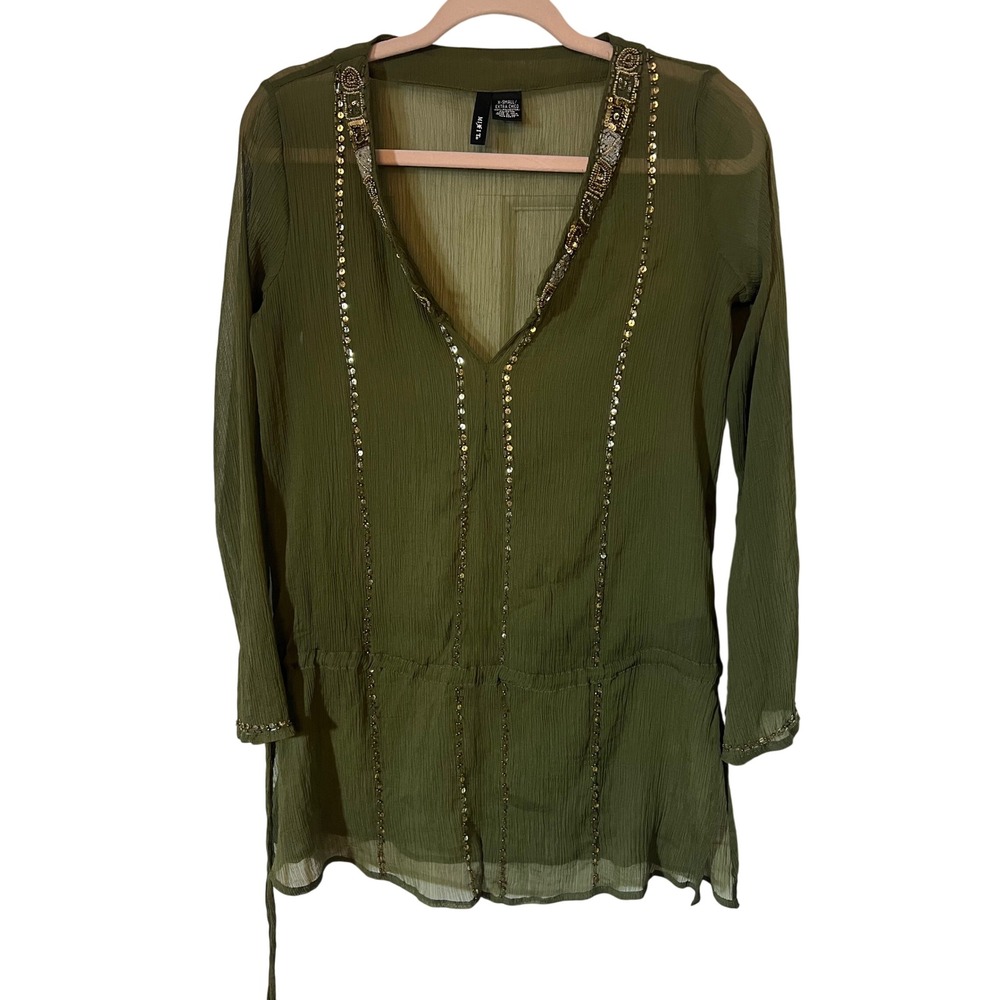 Y2K Mixit Sheer Tunic Top XS Boho Earthy Olive Green Beaded Gold Sequin Gauze - Picture 2 of 10